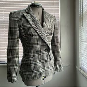JONES NEW YORK Women's Black White Green Plaid Wool Tailored Blazer Size 4P